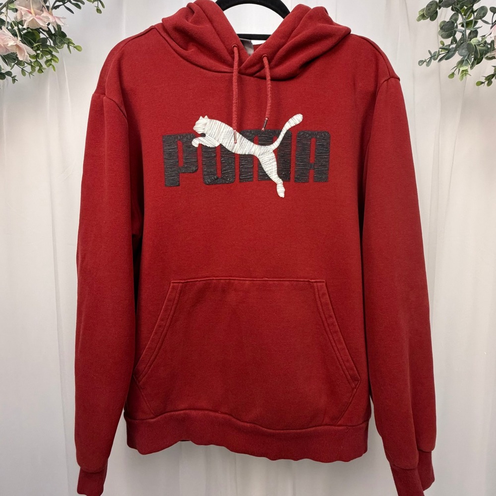 Puma Essentials Big Logo Hoodie Mens Large Red Fleece Pullover Sweatshirt